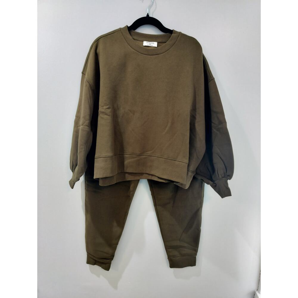 Zenana Women's Olive Brown Jogger Set Oversized Sweatshirt - Size XL